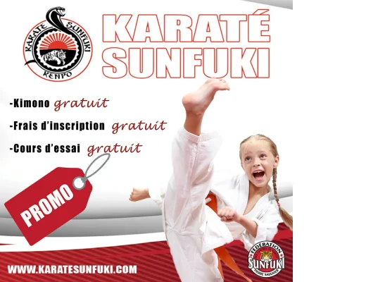 Publicité Karaté Sunfuki avec jeune fille en kimono exécutant un coup de pied